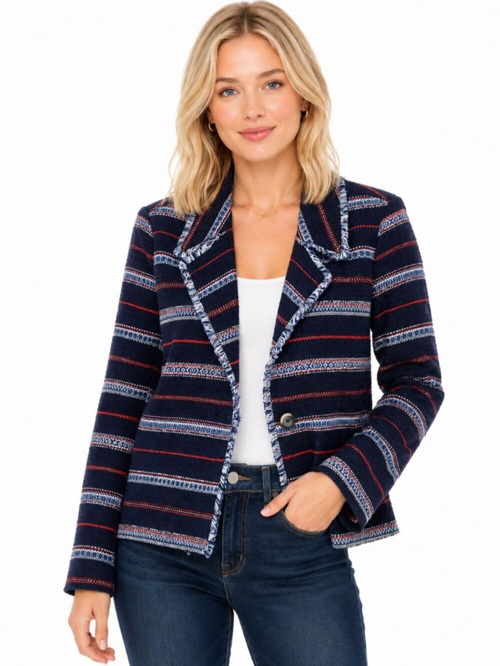 Karen Kane Red White Blue Metallic Fringed Cotton Blazer Jacket